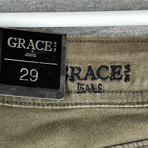GRACE in LA Women's Jeans Size 29 Skinny Stripe Side Stretch Raw Hem Olive Green - Picture 5 of 13